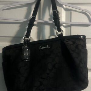 COACH SIGNATURE GALLERY SHOULDER TOTE BAG BLACK LEATHER TRIM SILVER ZIP